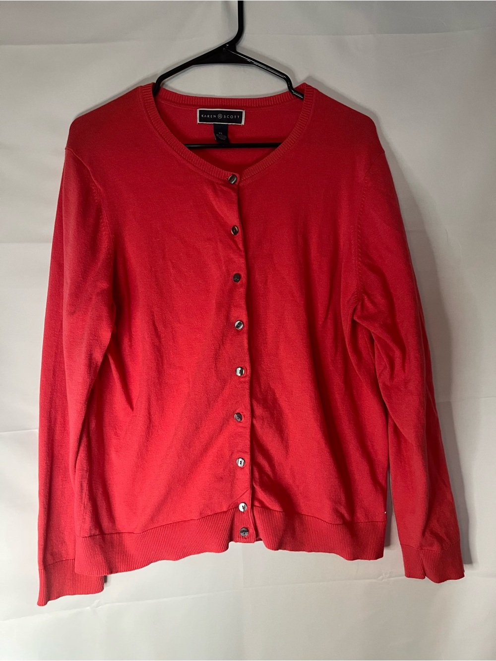 Karen Scott Coral Crewneck Button-Up Cardigan